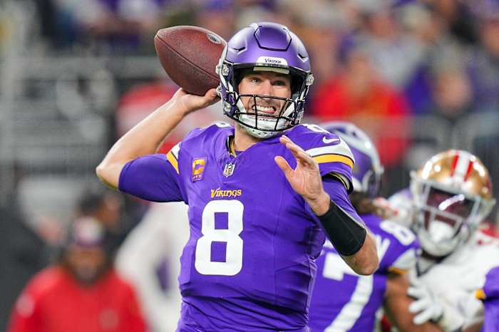 Oct 23, 2023; Minneapolis, Minnesota, USA; Minnesota Vikings quarterback Kirk Cousins (8) passes against the San Francisco 49ers in the first quarter at U.S. Bank Stadium.